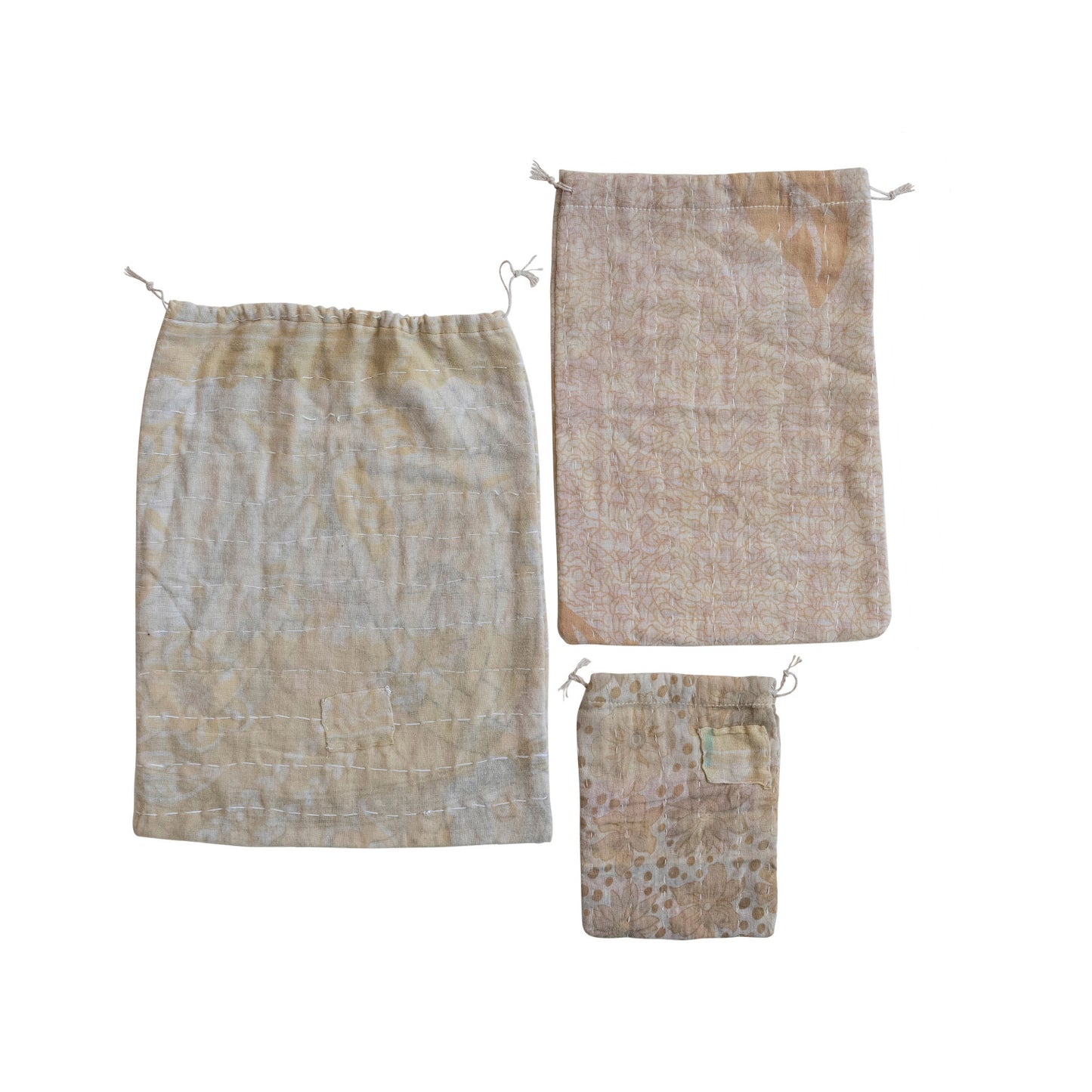 Vintage Cotton Kantha Drawstring Bags, Set of 3 (Each One Will Vary)