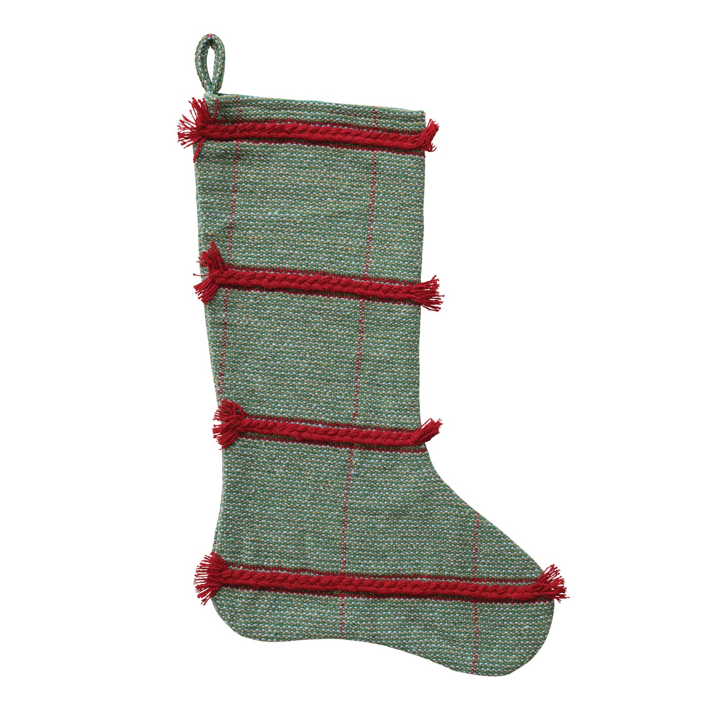 Woven Recycled Blend Stocking with Braided Embroidery & Fringe