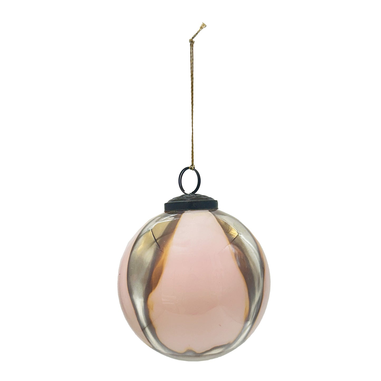 Glass Ball Ornament with Antique Silver Finish Stripes, Pink