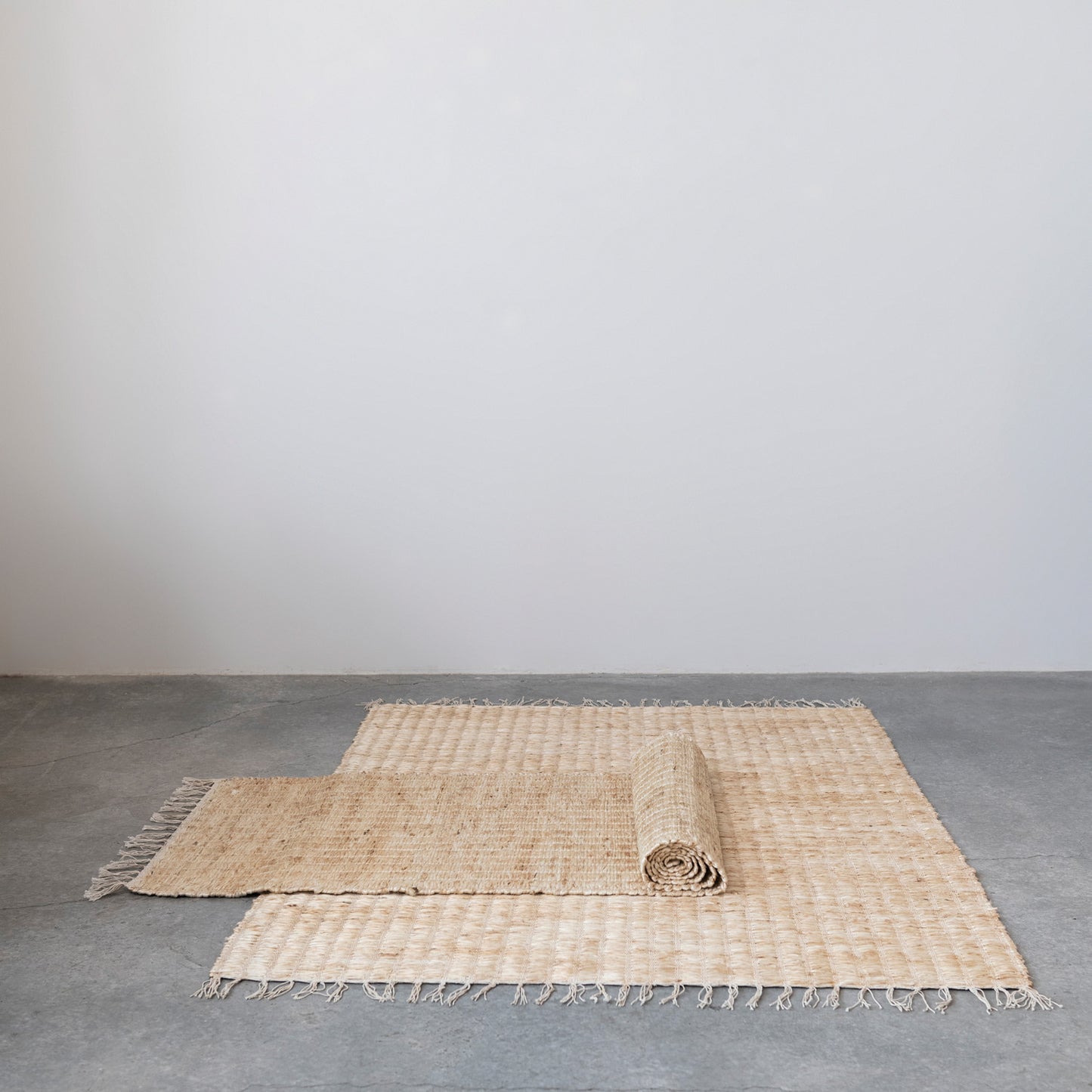Woven Bleached Jute & Cotton Rug w/ Fringe