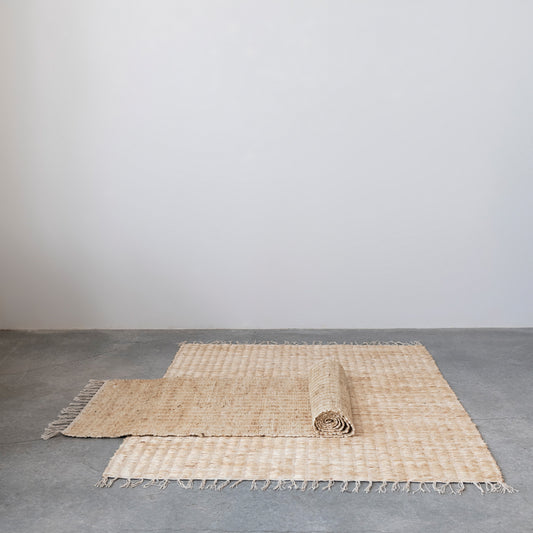 Woven Bleached Jute & Cotton Rug w/ Fringe