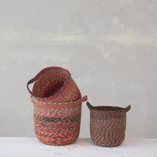 Hand woven sea grass & recycled fabric basket