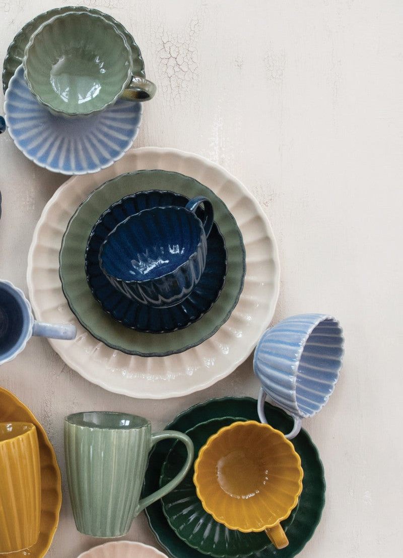 14 oz. Stoneware Ribbed Mug, Reactive Glaze, Sage Green