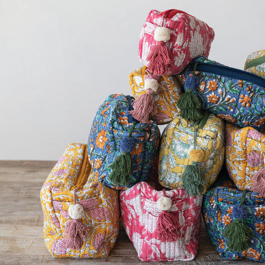 Quilted Cotton Block Print Zip Pouch