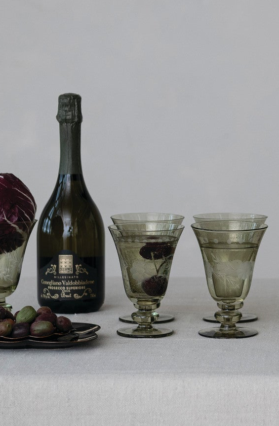 Etched Stemmed Wine Glass
