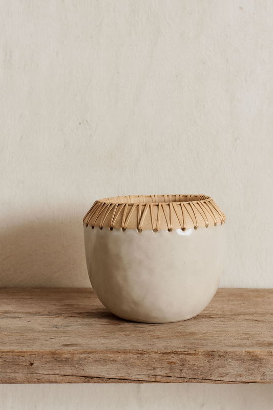 Stoneware Planter with Rattan Stitching