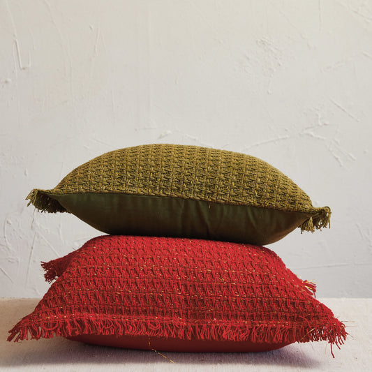 Woven Cotton Pillow / Green & Gold