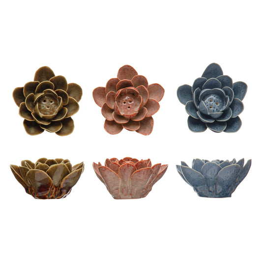 Handmade Stoneware Flower Incense Holder, Reactive Glaze, 3 Colors (Each One Will Vary)