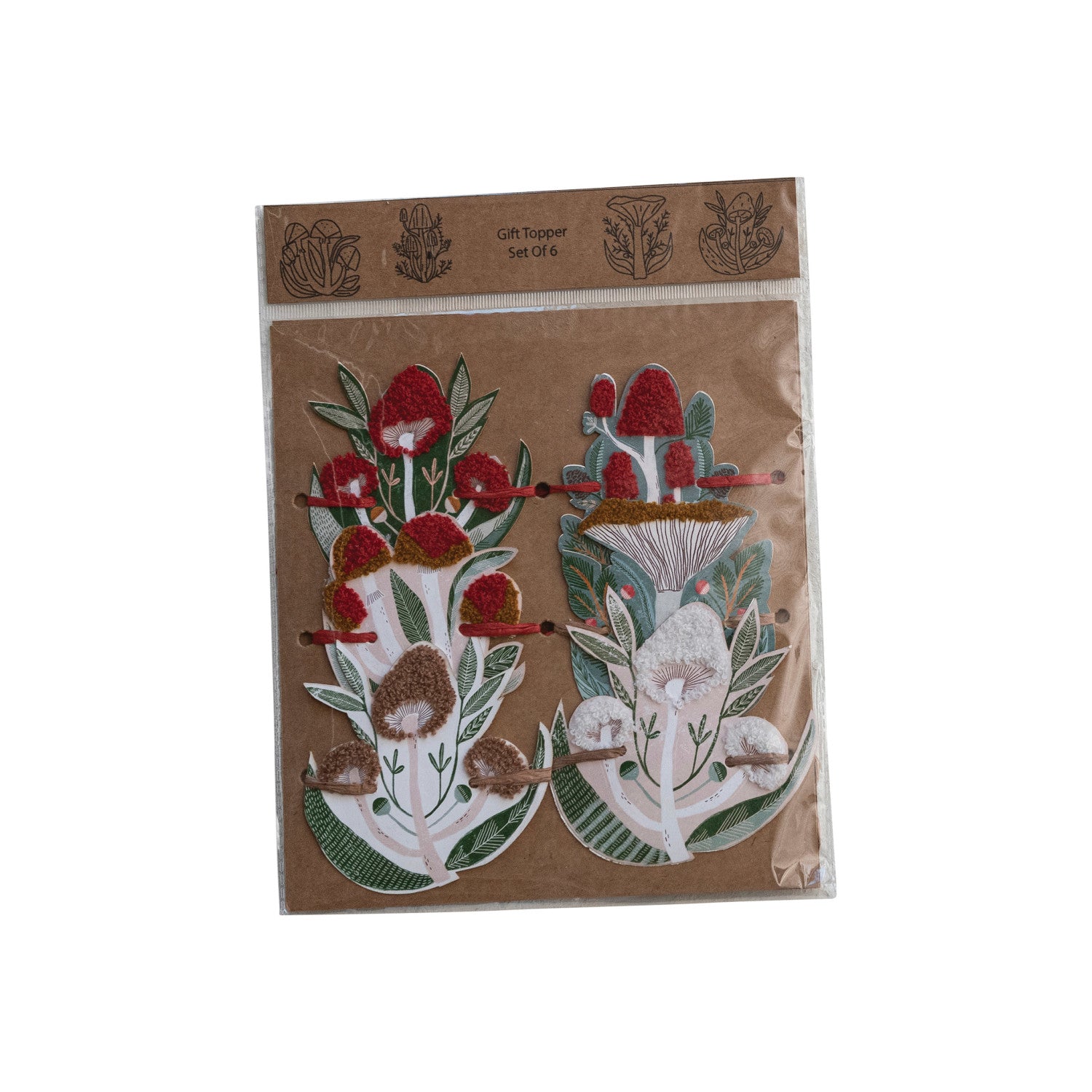 Recycled Paper Mushroom Gift Toppers/Ornaments w/ 50" Raffia Wrap, Set of 6 ©