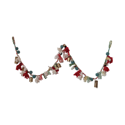 Handmade Wool & Cotton Blend Garland w/ Pom Poms & Metal Bells