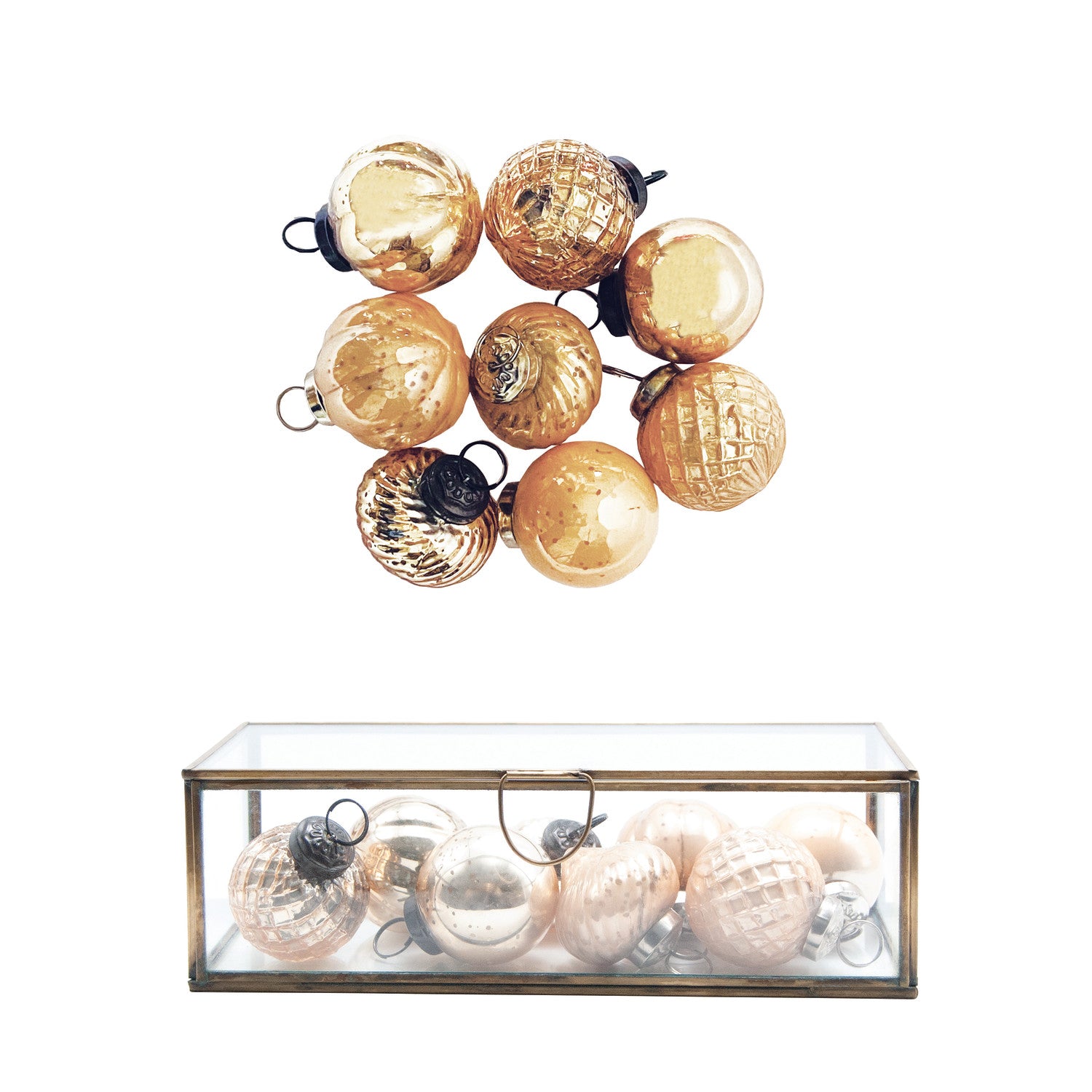 (8) Embossed Mercury Glass Ornaments in Display Box, Set of 9