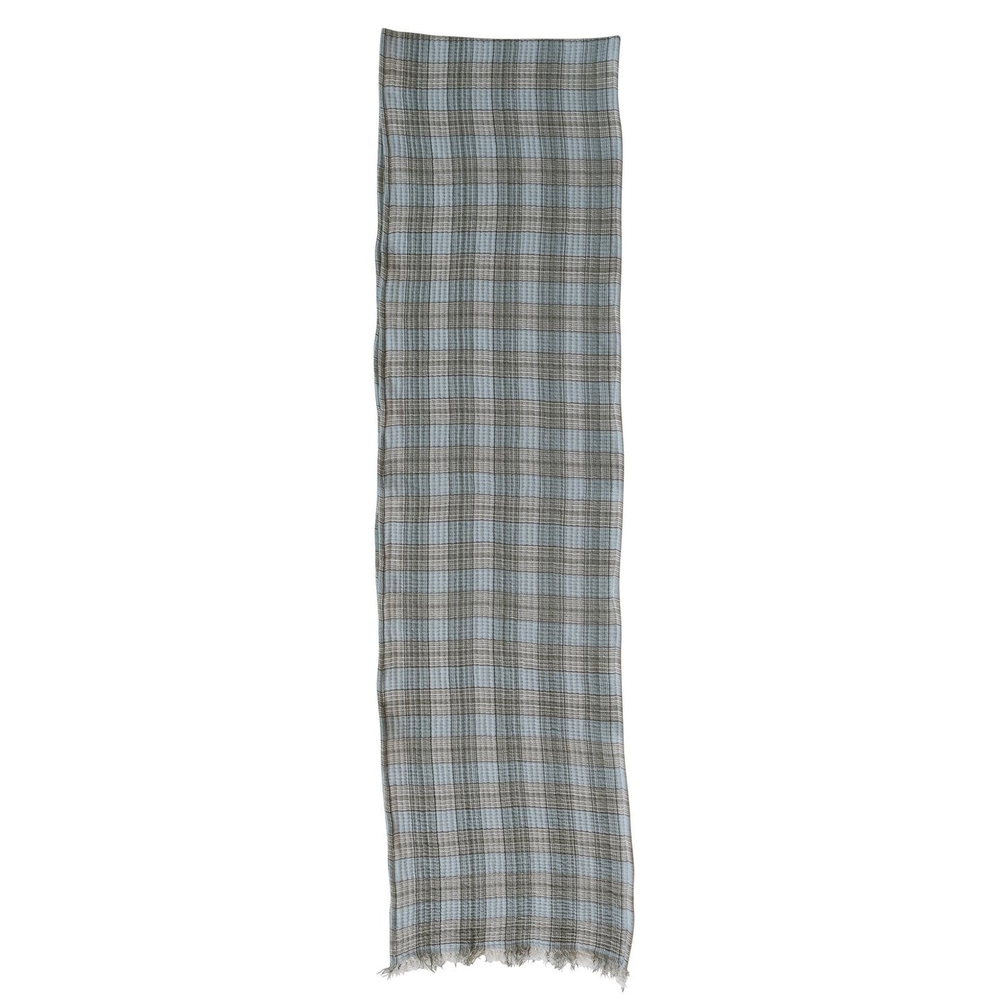 Woven Cotton Double Cloth Table Runner with Frayed Edges Plaid