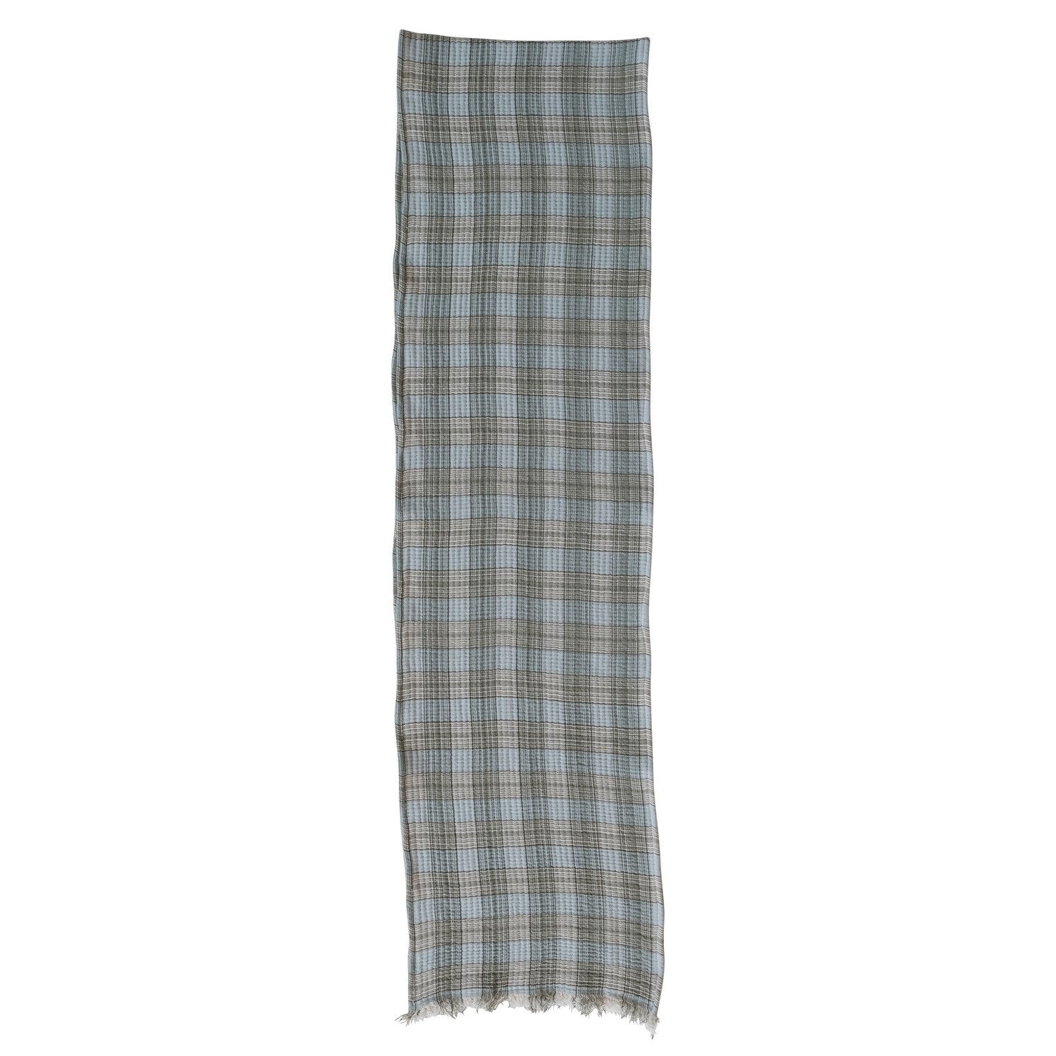 Woven Cotton Double Cloth Table Runner with Frayed Edges Plaid
