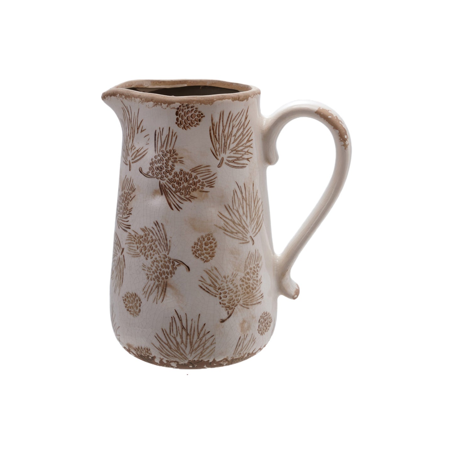 Decorative Stoneware Pitcher/Vase with Evergreen Boughs & Pinecones