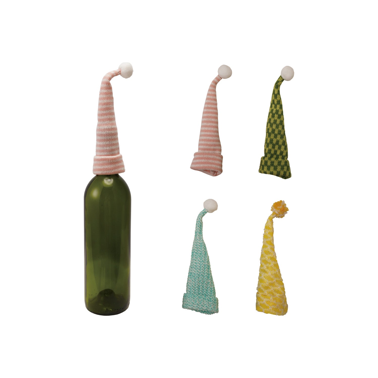 8"H Knit Fabric & Wire Hat Bottle Topper with Pom Pom, 4 Colors