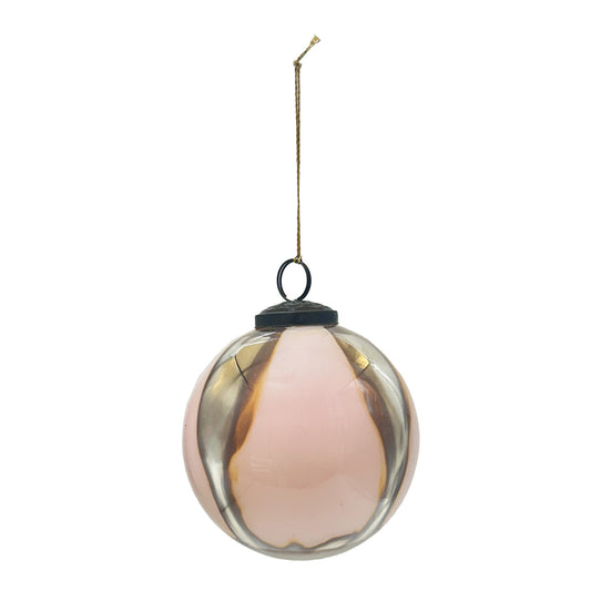 Glass Ball Ornament with Antique Silver Finish Stripes, Pink